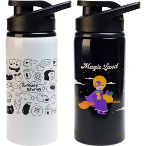 A drink bottle featuring a white design with sketches on one side and a black side with a colorful character illustration.