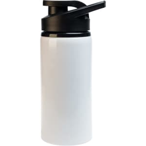A drink bottle in white with a black free flow lid and a branding logo on the side.