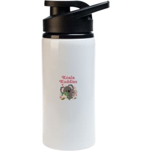 A drink bottle with a white body, black lid, and a design featuring a koala and "Koala Kuddles."