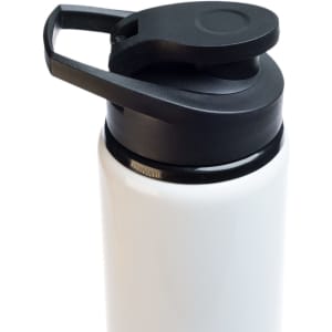 A drink bottle featuring a white body and a black free flow lid, designed for easy dispensing.