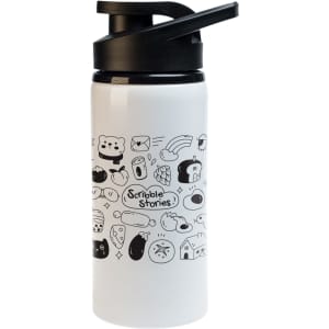 A drink bottle featuring a white body with black illustrations and a black free flow lid.