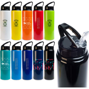 A drink bottle collection featuring various colours: white, orange, green, blue, and black, with flip straw lids and logos.