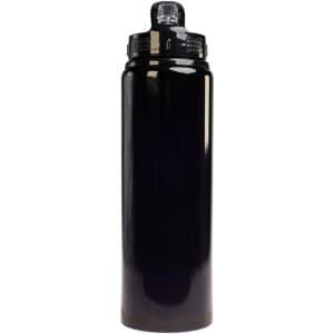 A drink bottle featuring a sleek black design and a flip straw lid, with a 750ml capacity.