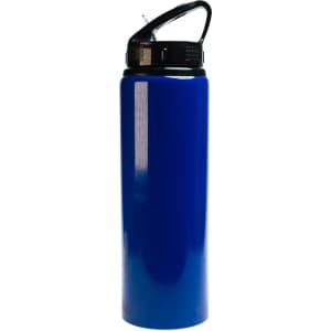 A blue drink bottle with a flip straw lid and a black cap, featuring a logo.