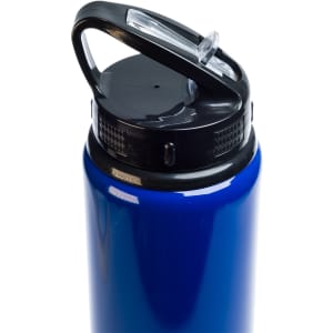 A drink bottle with a blue body and a black flip straw lid, featuring a handle on top.