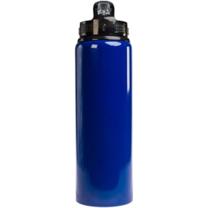 A drink bottle in a shiny blue finish with a black flip straw lid and a secured top. It features a logo.