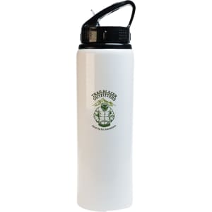 A drink bottle with a flip straw lid in white, featuring a logo and a black cap.
