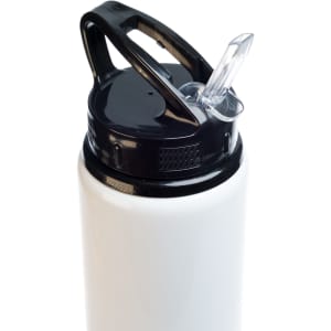 A drink bottle featuring a black flip straw lid and a white body. It includes a handle and a logo.