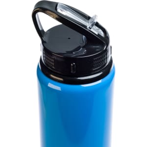 A drink bottle featuring a flip straw lid, designed for easy hydration, with a sleek blue exterior and a black top.