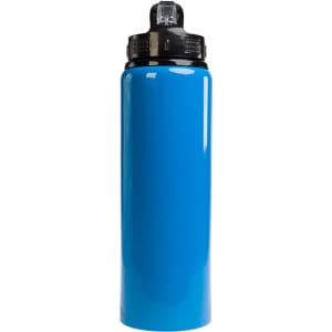 A drink bottle in a vibrant blue color with a black flip straw lid and a logo on the top.