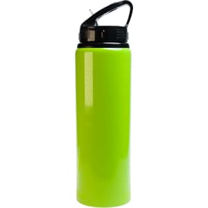 A drink bottle in vibrant lime green with a black flip straw lid and a handle for easy carrying.