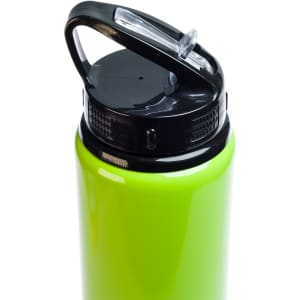 A drink bottle with a vibrant green body and a black flip straw lid, designed for easy sipping.