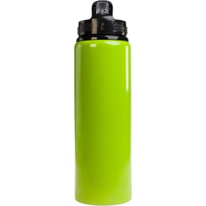 A drink bottle in vibrant green, featuring a flip straw lid and a black cap. It has a sleek design and a logo.