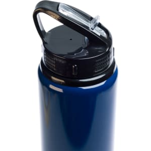 A drink bottle with a sleek navy blue body and a black flip straw lid, designed for easy sipping.