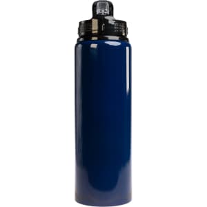 A drink bottle in a deep blue color with a flip straw lid and a black accent. It features a logo on the lid.