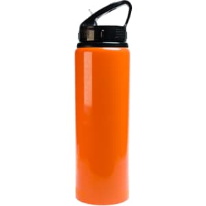A drink bottle featuring a vibrant orange body and a flip straw lid, designed for easy access to liquids.