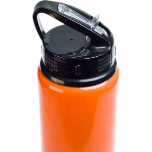 A drink bottle in a bright orange color featuring a black flip straw lid and a carrying handle.