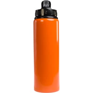 An orange drink bottle featuring a flip straw lid and a black top, with a logo on the lid.