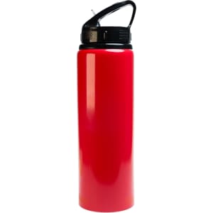 A drink bottle featuring a sleek red design and a flip straw lid, with a capacity of 750ml.