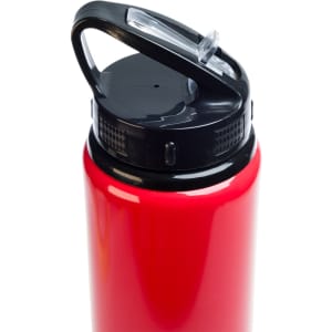 A drink bottle featuring a sleek red design with a flip straw lid for easy access.