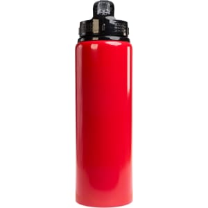 A drink bottle featuring a vibrant red exterior and a black flip straw lid, designed for convenience and ease of use.
