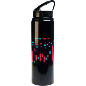 A drink bottle with a black finish, featuring a flip straw lid and colorful abstract design. It has a logo.