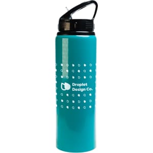 A drink bottle in teal with a flip straw lid and a logo design.