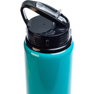 A drink bottle in teal featuring a black flip straw lid and a handle for easy carrying.