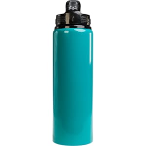 A drink bottle in a vibrant teal color, featuring a black flip straw lid and a sleek, glossy finish.