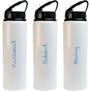 A drink bottle featuring a white body and a black flip straw lid, with names printed in blue on the side.