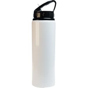 A drink bottle featuring a sleek white body and a black flip straw lid, designed for easy sipping.
