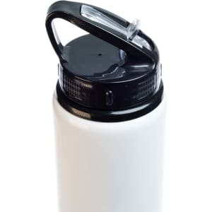 A drink bottle featuring a white body and a black flip straw lid.