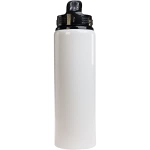 A drink bottle in white with a black flip straw lid and a small logo on the lid.