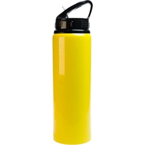 A drink bottle in bright yellow with a black flip straw lid and a black handle.