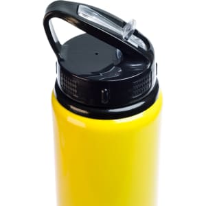 A drink bottle with a bright yellow body and a black flip straw lid.
