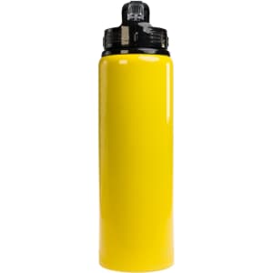 A drink bottle featuring a vibrant yellow exterior and a flip straw lid design. The bottle has a capacity of 750ml.