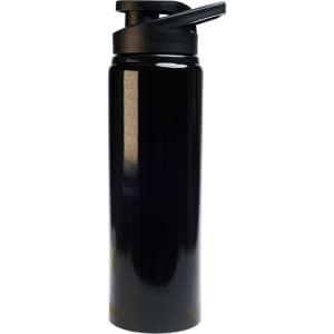 A drink bottle featuring a sleek black design and a free flow lid, with a capacity of 750ml.