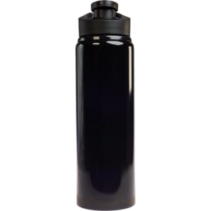 A drink bottle featuring a sleek black design and a free flow lid, with a capacity of 750ml.