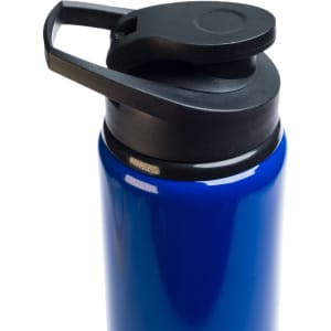 A drink bottle in vibrant blue with a black free flow lid and a sturdy handle. It features a branding logo.