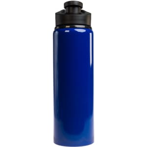 A drink bottle featuring a sleek blue design with a black free flow lid, holding 750ml of liquid.