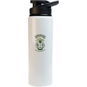 A drink bottle in white with a black free flow lid and a logo on it.