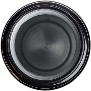 A drink bottle with a black exterior and a free flow lid, viewed from above. It features a sleek design.
