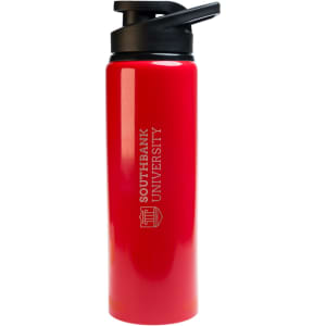 A drink bottle in bright red with a black free flow lid and a logo on the side.