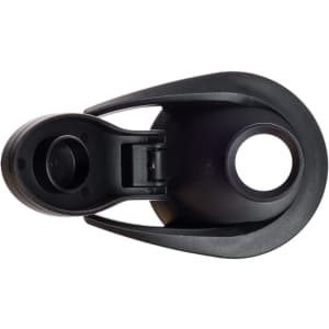A drink bottle lid with a black finish, featuring a free flow design and a curved handle.