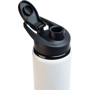 A drink bottle with a sleek white body and a black free flow lid. The lid features a flip top for easy access.
