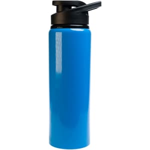 A drink bottle featuring a vibrant blue design and a black free flow lid, with a capacity of 750ml.