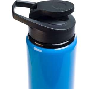 A drink bottle featuring a blue body and a black free flow lid. The lid includes a spout for easy pouring.