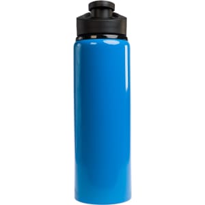 A drink bottle in vibrant blue with a black free flow lid. It has a sleek, glossy finish.