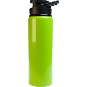 A drink bottle in bright green with a black free flow lid and a sleek, cylindrical design.
