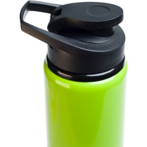 A drink bottle with a bright green body and a black free flow lid. The design includes a handle for easy carrying.